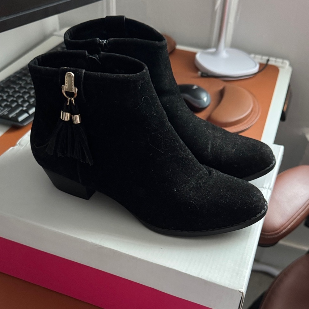 JustFab Black Ankle Boots with Gold Tassel